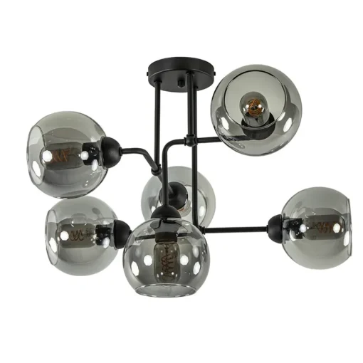 6-Lichts plafondlamp zwart met smoke glazen bollen>Straluma Hot