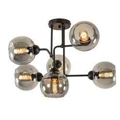 6-Lichts plafondlamp zwart met smoke glazen bollen>Straluma Hot