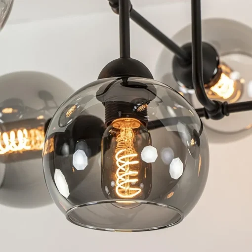 6-Lichts plafondlamp zwart met smoke glazen bollen>Straluma Hot
