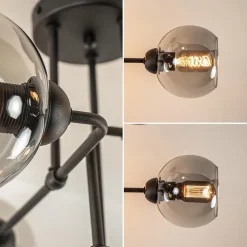 6-Lichts plafondlamp zwart met smoke glazen bollen></noscript>Straluma Hot