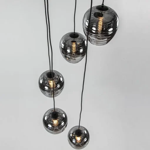 5-Lichts ronde hanglamp zwart met smokey glas>Straluma Best