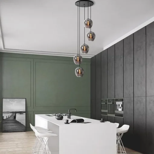 5-Lichts ronde hanglamp zwart met smokey glas>Straluma Best