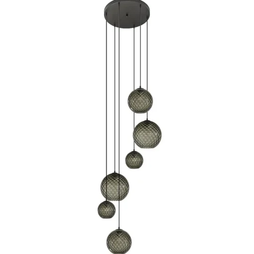 6-Lichts vide hanglamp smoke glas met reliëf>Straluma