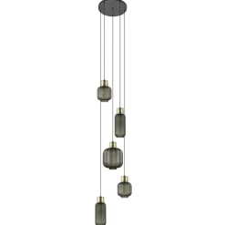 Luxe 5-lichts videlamp zwart/brass met mat zwart glas>Straluma Sale