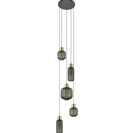 Luxe 5-lichts videlamp zwart/brass met mat zwart glas>Straluma Sale