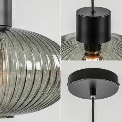Mat zwarte hanglamp met geribbeld smoke glas ovaal><noscript><img width=