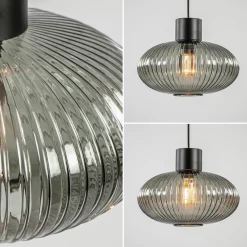 Mat zwarte hanglamp met geribbeld smoke glas ovaal><noscript><img width=