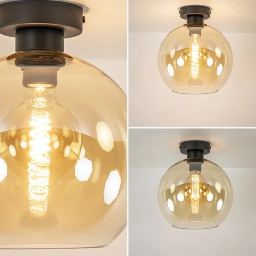 Mat zwarte plafondlamp met amber glazen bol>Straluma Online