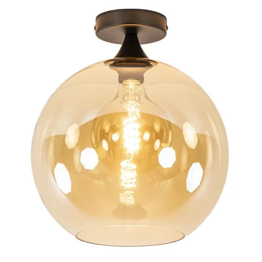Mat zwarte plafondlamp met amber glazen bol 30 cm>Straluma Best