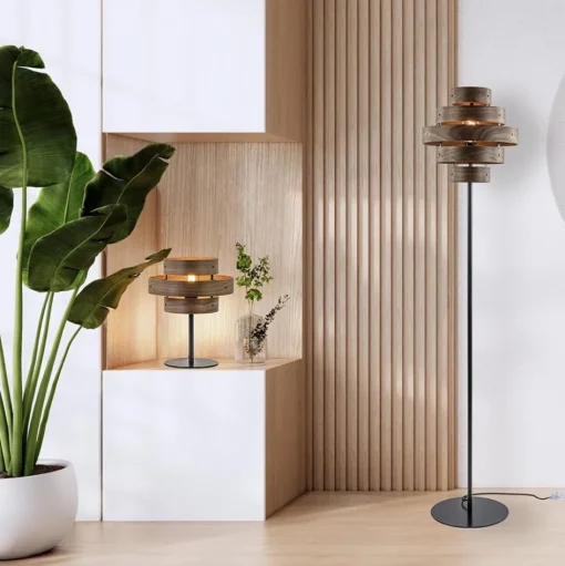 Mat zwarte tafellamp met walnoot houten kap>Straluma
