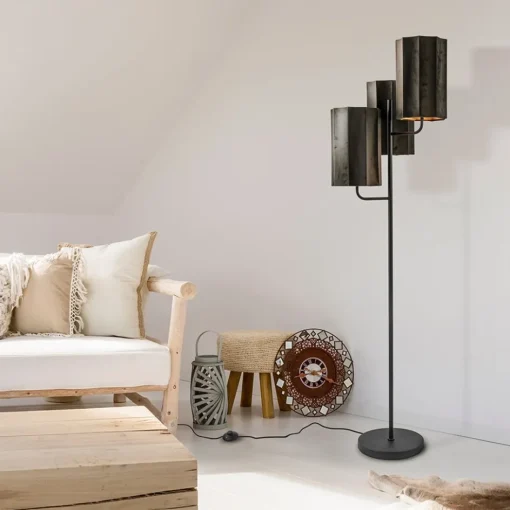Mat zwarte vloerlamp Edisa met velvet bruine kappen>Straluma Outlet