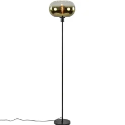 Mat zwarte vloerlamp met glazen kap helder/goud>Straluma