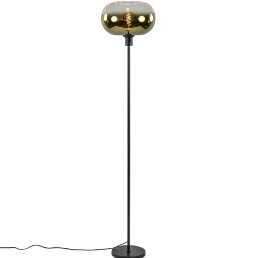 Mat zwarte vloerlamp met glazen kap helder/goud>Straluma