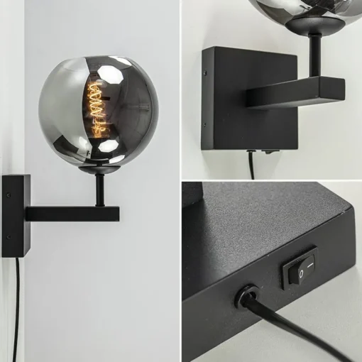 Mat zwarte wandlamp met smoke glazen bol 20 cm>Straluma