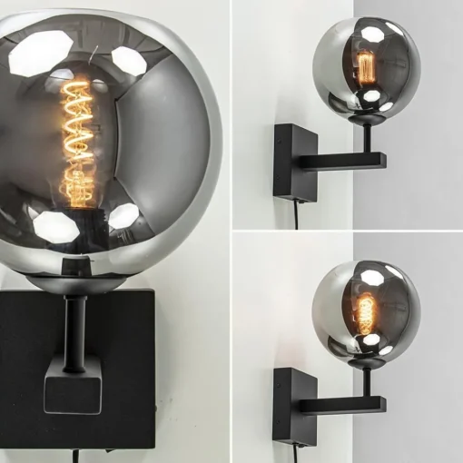 Mat zwarte wandlamp met smoke glazen bol 20 cm>Straluma