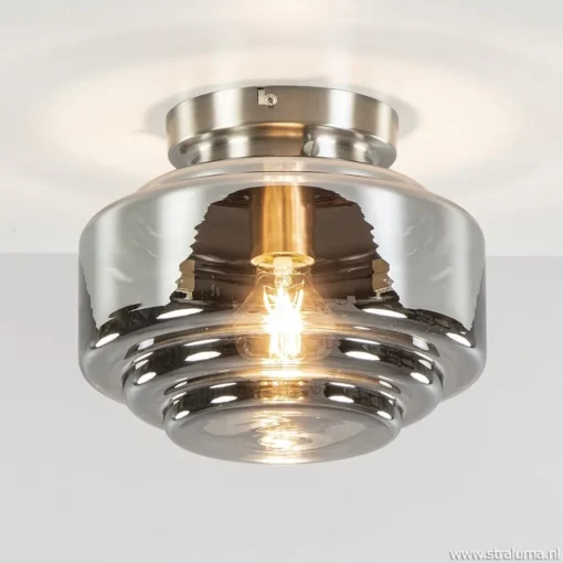 Moderne plafondlamp nikkel met smokey glas>Straluma New