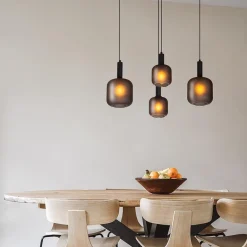 Ovale 4-lichts hanglamp zwart met mat zwart glas><noscript><img width=