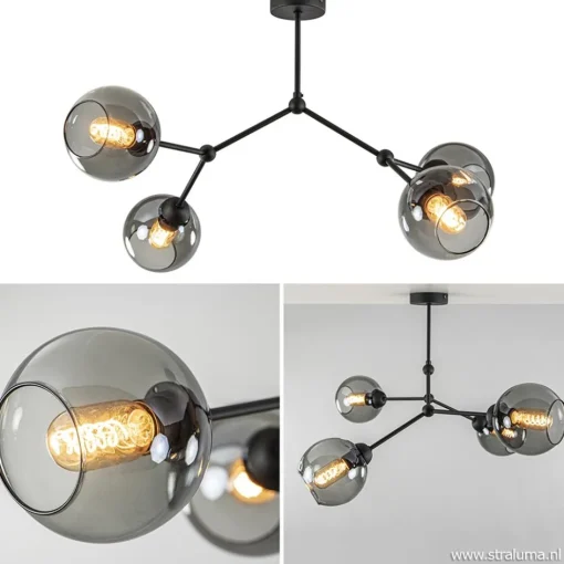 Plafondlamp 4-armen zwart+smoke bolglas>Straluma Outlet
