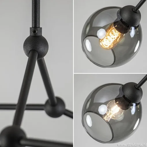 Plafondlamp 4-armen zwart+smoke bolglas>Straluma Outlet