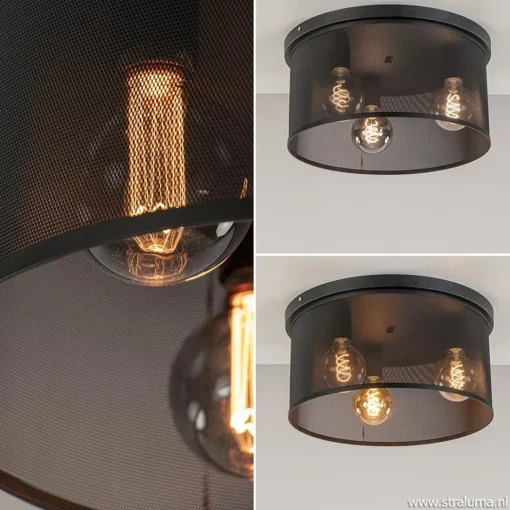 Plafondlamp 3L cilinder gaas zwart 44cm>Straluma Outlet