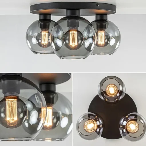 Plafondlamp 3L zwart  bolglas smoke>Straluma Outlet