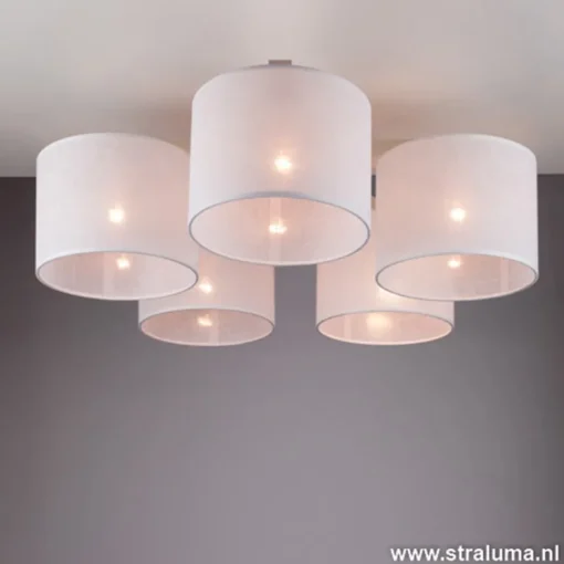 Plafondlamp 5-lichts hout/cilinderkap wit>Straluma New