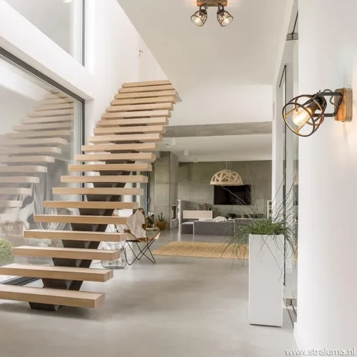 Plafondspot 2-L korf zwart/hout industr.>Straluma Clearance