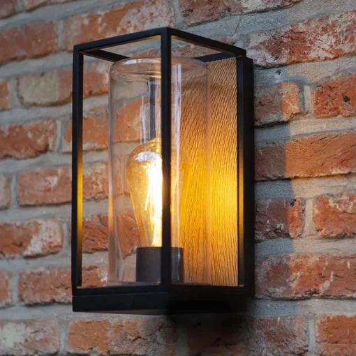 Rechthoekige buitenlamp zwart met houtlook en glas>Straluma Online