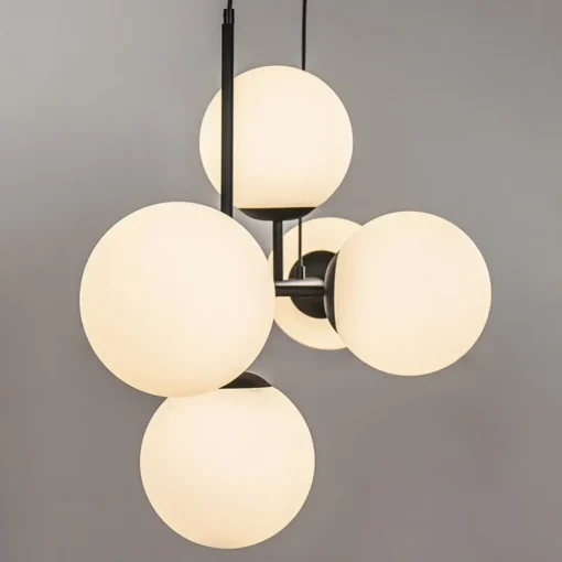 Retro eettafel hanglamp zwart met witte glazen bollen>Straluma Discount