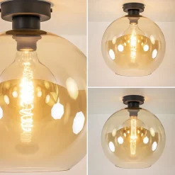 Retro plafondlamp zwart met amber glazen bol></noscript>Straluma New