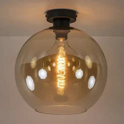 Retro plafondlamp zwart met amber glazen bol></noscript>Straluma New