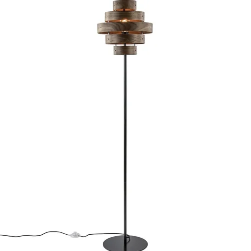 Retro vloerlamp zwart met walnoot houten kap>Straluma Clearance