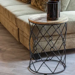 Ronde bijzettafel mangohout met zwart metaal><noscript><img width=