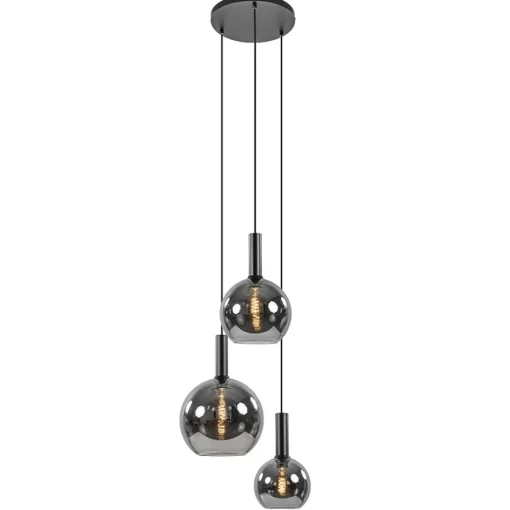Ronde 3-lichts hanglamp met diverse smoke glazen kappen>Straluma