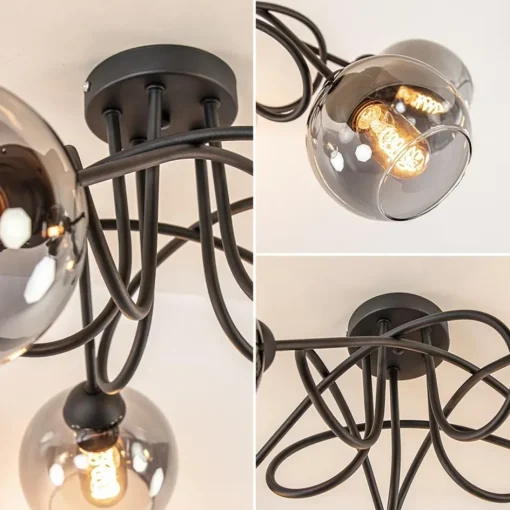 Sierlijke plafondlamp zwart met smoke glazen bollen>Straluma Sale