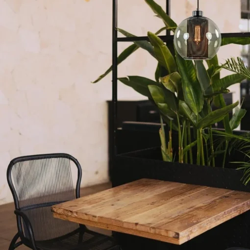 Smoke glazen hanglamp bol met zwarte gaas cilinder>Straluma Discount