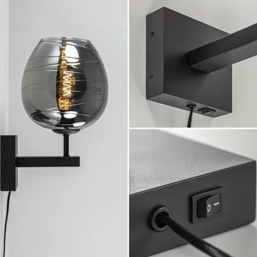 Smoke glazen wandlamp met zwart inclusief snoer>Straluma New