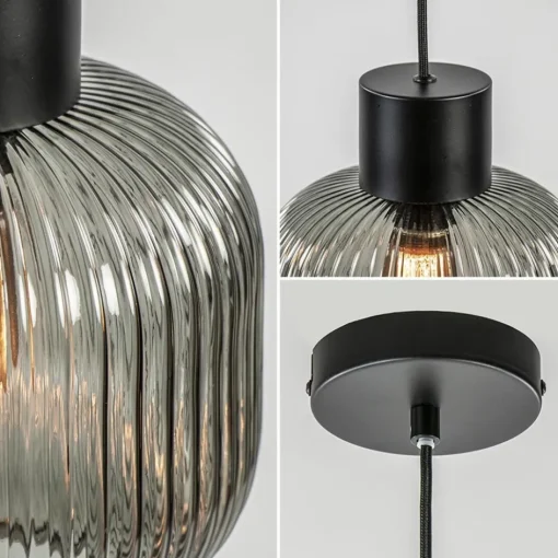 Stijlvolle hanglamp smoke glas geribbeld met zwart>Straluma Hot