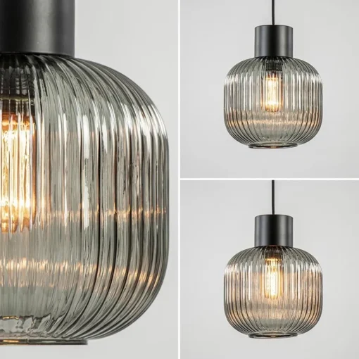 Stijlvolle hanglamp smoke glas geribbeld met zwart>Straluma Hot