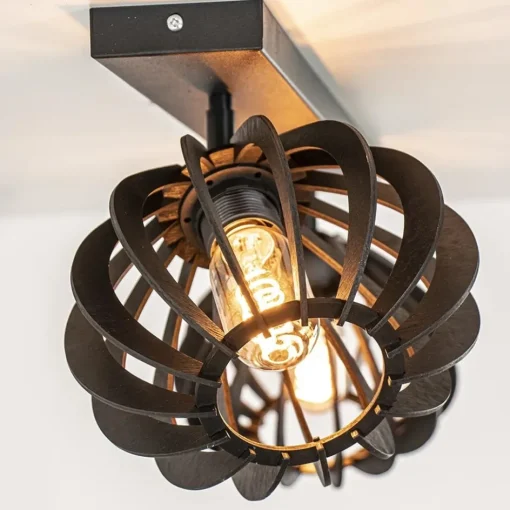 Stoere 2-lichts plafondlamp met houten kappen zwart>Straluma