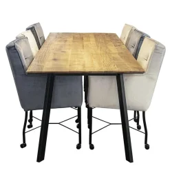 Stoffen eetkamerstoel grijs/blauw op wieltjes><noscript><img width=