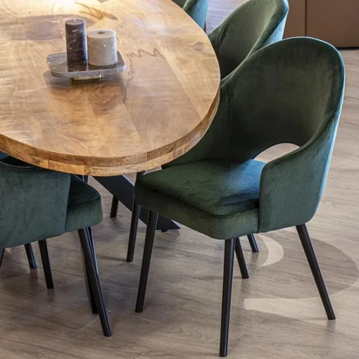 Stoffen eetkamerstoel velours groen met zwarte houten poot>Straluma