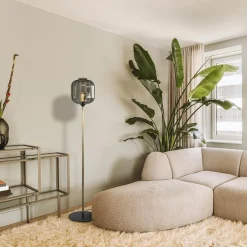 Strak klassieke vloerlamp brons met zwart en smoke glas></noscript>Straluma New