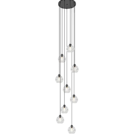 Videlamp / multipendel 9L zwart helder bolglas>Straluma Discount