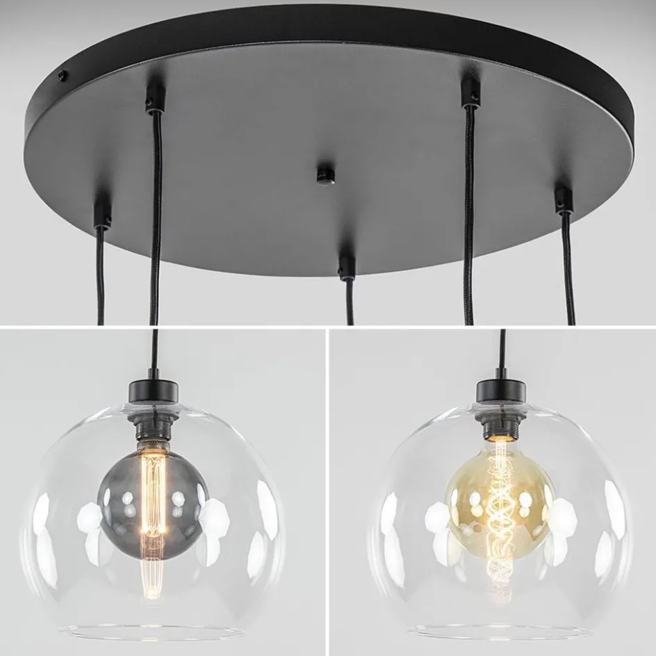 Videlamp / multipendel zwart met 5 helder glazen bollen>Straluma New