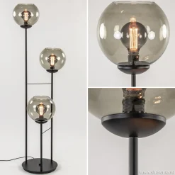 Vloerlamp 3-L zwart met bolglas smoke>Straluma Clearance