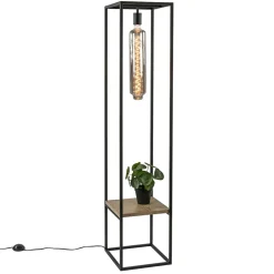 Vloerlamp zwart frame met houten plank>Straluma