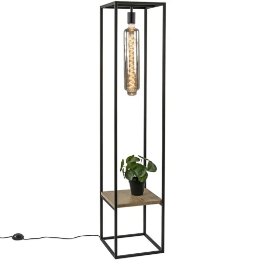 Vloerlamp zwart frame met houten plank>Straluma