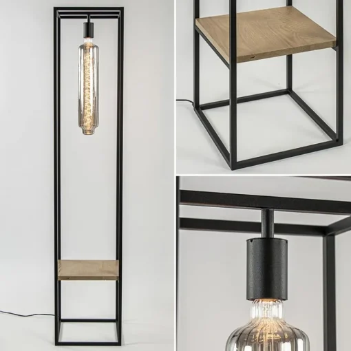 Vloerlamp zwart frame met houten plank>Straluma