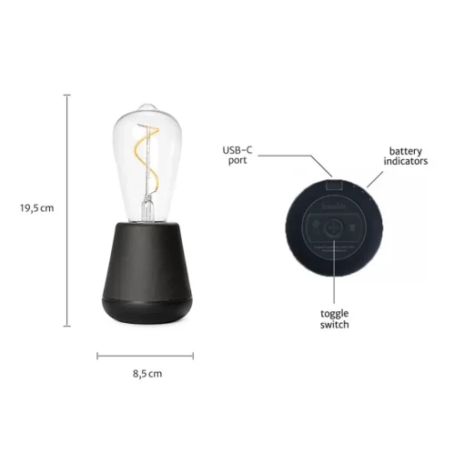 Zwart houten tafellamp oplaadbaar met helder glas>Straluma Discount
